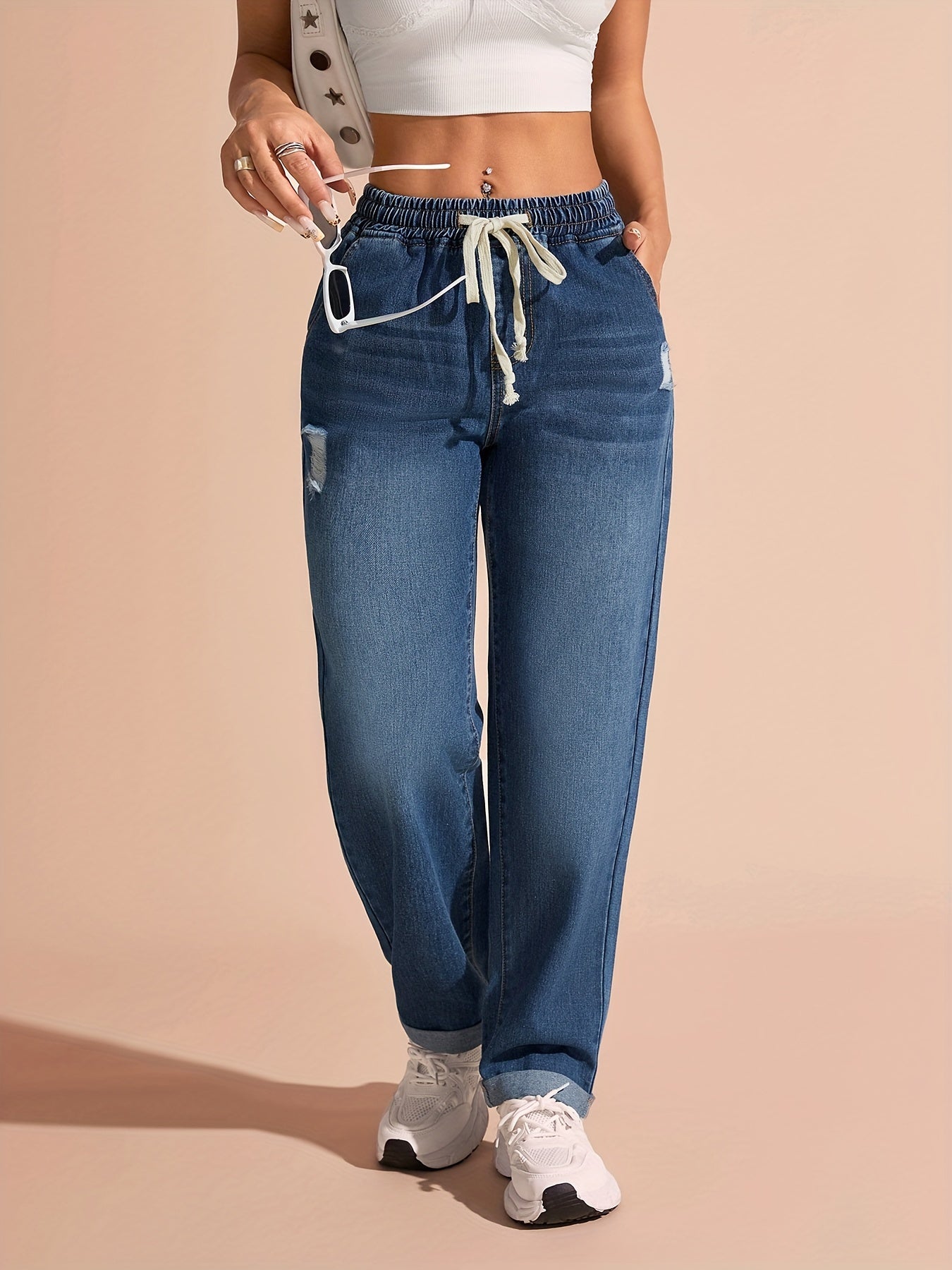 Jeans Femme Taille Haute Denim Cordon Détail Déchiré Jambe Droite Bleu Clair Confort Toute Saison Décontracté