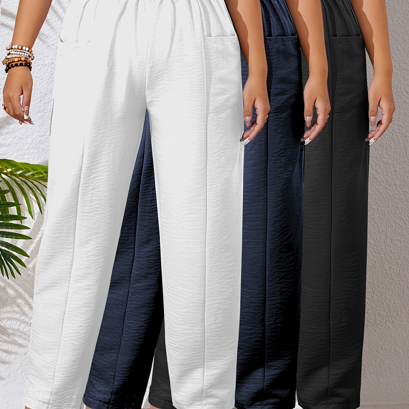 Lot de 3 Pantalons Femme Grande Taille – Taille Haute, Droits, Élastiques avec Poches, Couleur Unie, Tous Saisons