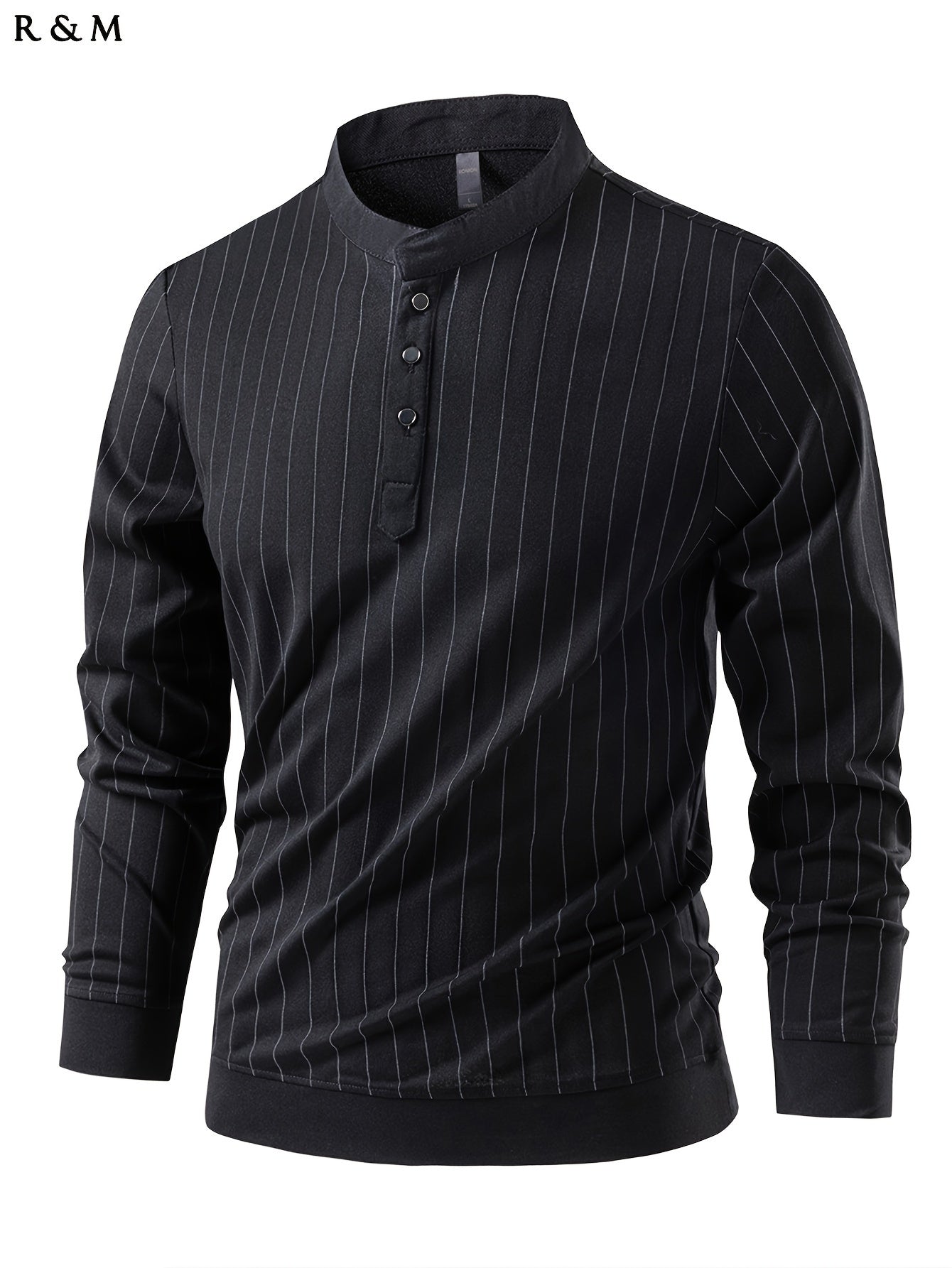 Mens Slimming Vertical Striped Long Sleeve T-Shirt - Light Business Style, Stand Collar, Four-Season Comfort, Regular Fit, Black with Dark Stripes, Hand Wash Only, Casual Wear, Elegant Pullover, Durable Casual Wear