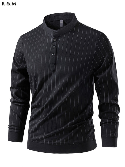 Mens Slimming Vertical Striped Long Sleeve T-Shirt - Light Business Style, Stand Collar, Four-Season Comfort, Regular Fit, Black with Dark Stripes, Hand Wash Only, Casual Wear, Elegant Pullover, Durable Casual Wear
