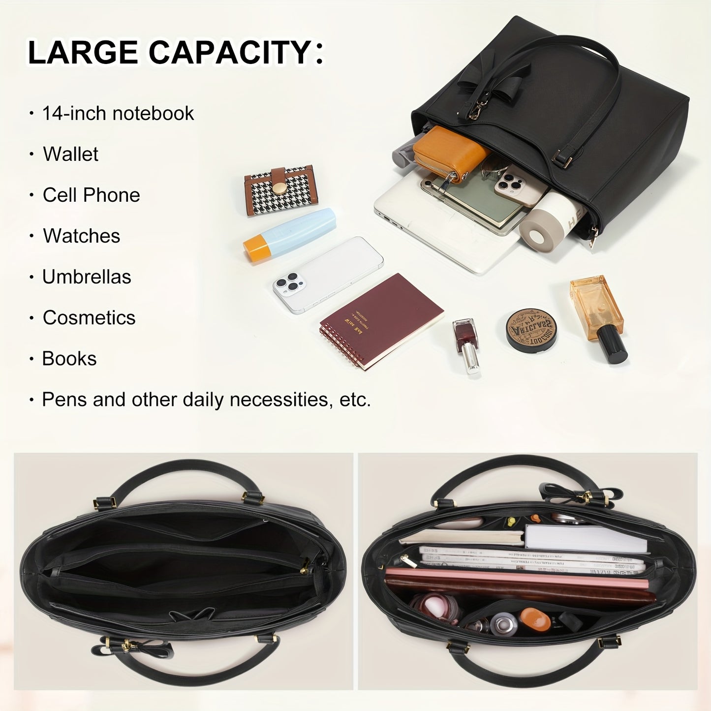 Sac ordinateur femme – grand cabas élégant à nœud, format A4, idéal pour le travail, les entretiens d’embauche et les trajets quotidiens