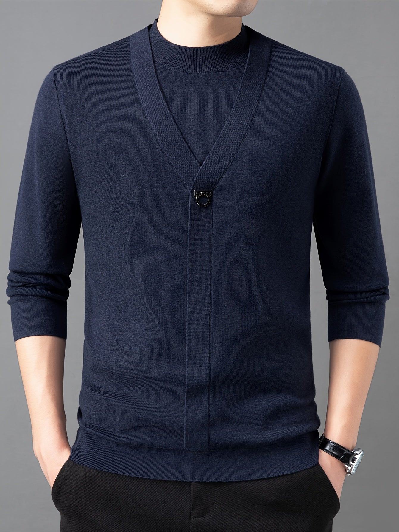 New Autumn And Winter Men'S Fashion: a Round-Neck Long-Sleeve Sweater That Looks Like a Two-Piece, Suitable for Business Casual Wear, Featuring a Faux Placket Design, Knit