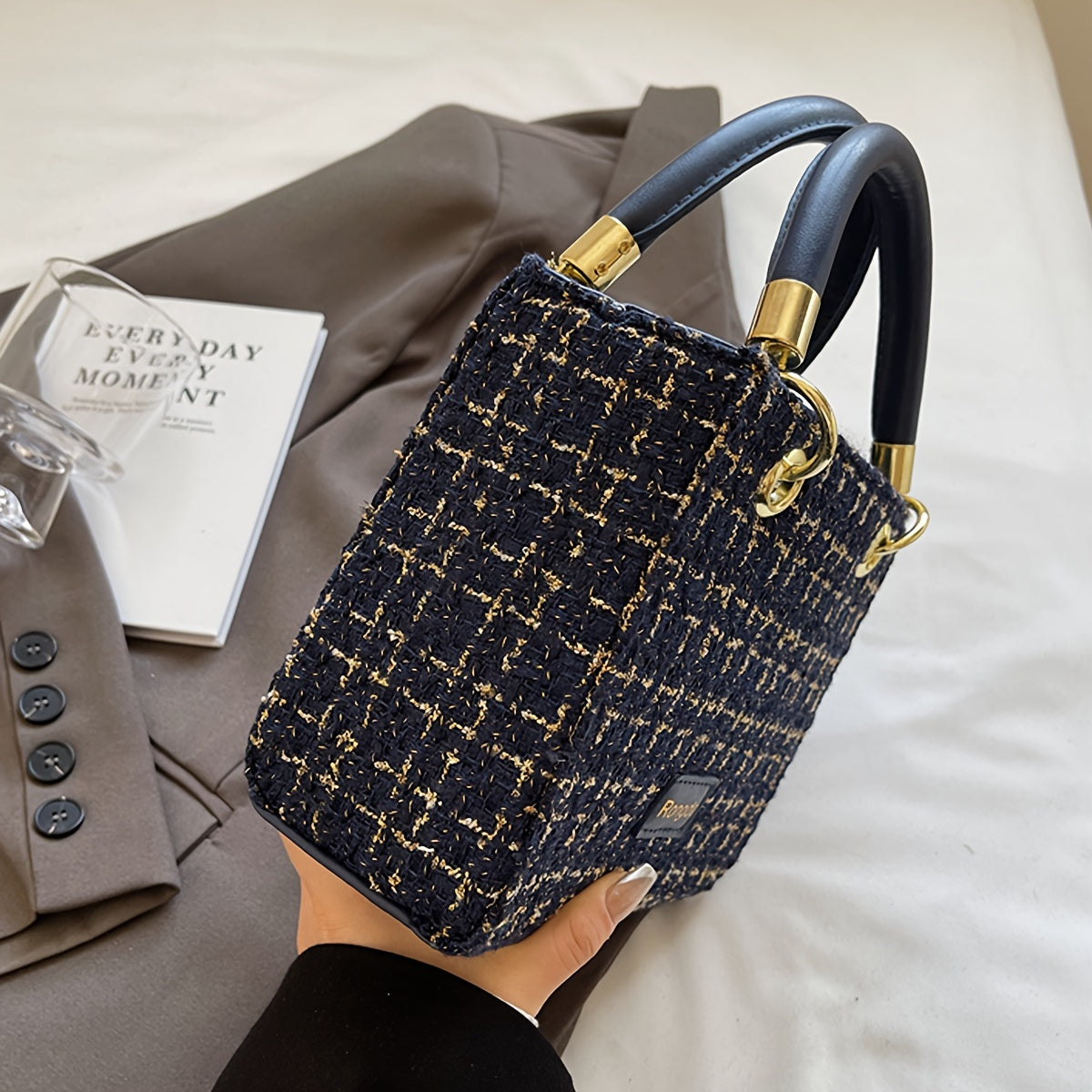 Sac élégant en tweed – bandoulière et poignée, polyvalent