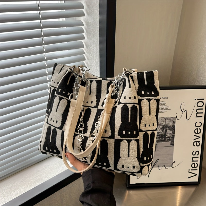 Sac Cabas Chic à Motif Lapin – Grande Capacité, Design Contrasté, Sac Décontracté à Porter à l’Épaule ou Sous le Bras, Fermeture Éclair