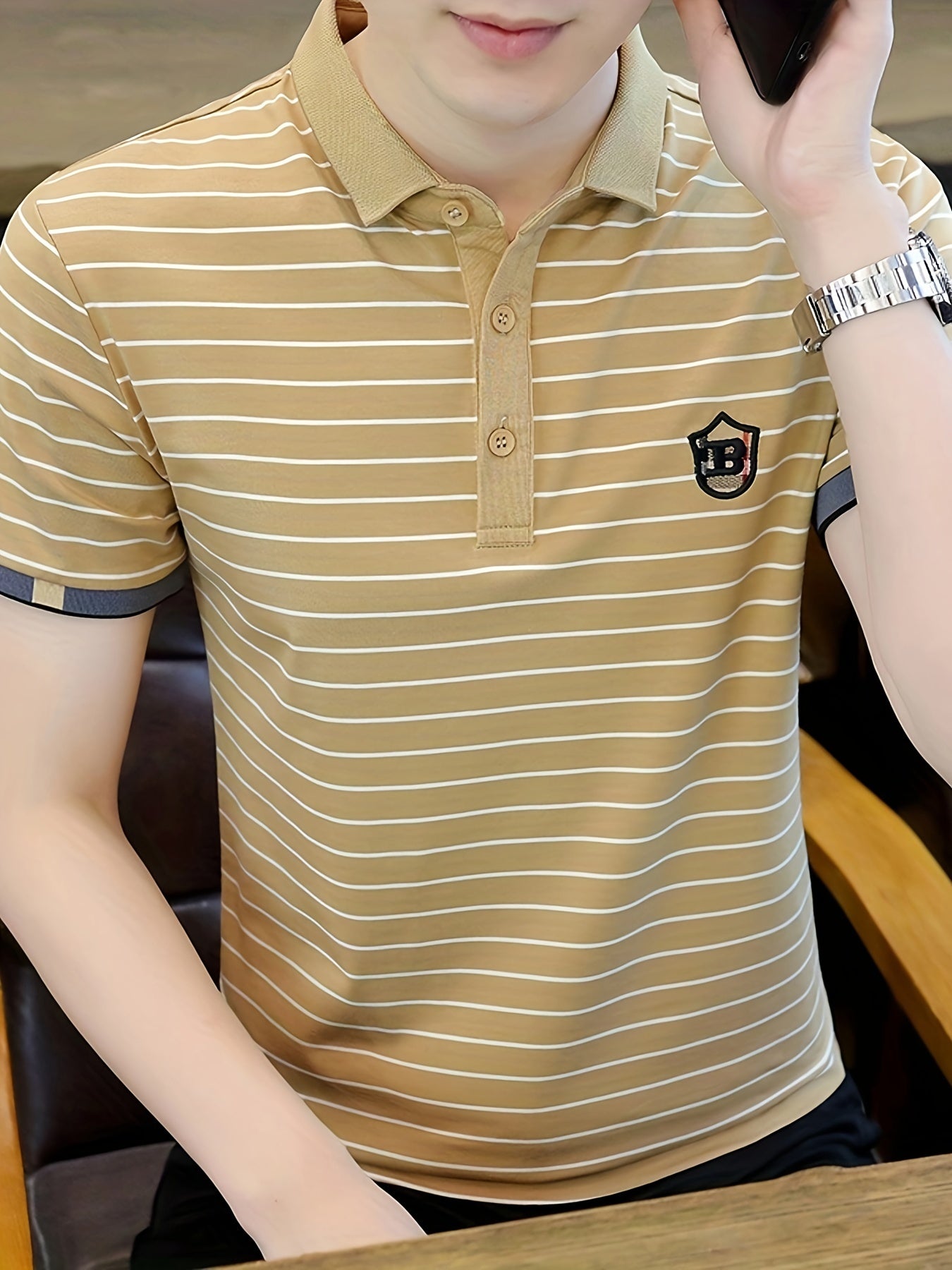 Men's Slim-Fit Black & White Striped Shirt with Golden Accent Collar & Chest Embellishment - Short Sleeve, Machine Washable, Tailored Casual & Semi-Formal Wear, Durable & Comfortable for Everyday Special Occasions, Versatile