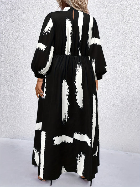 Robe Élégante Grande Taille Femme – Imprimé Pied-de-Poule Noir et Blanc, Coupe Oversize Inspirée, Jupe Crayon et Coupe A-Line, Longueur Maxi, Parfaite pour Mariages et Fêtes, Col Montant, Lavable en Machine