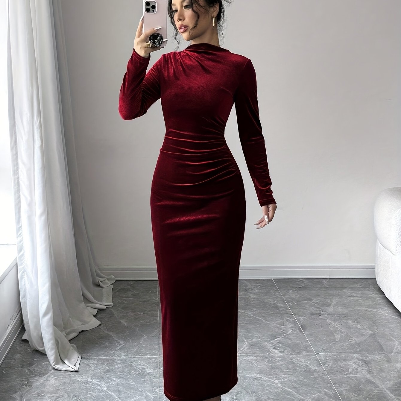 Women's Elegant Asymmetric Long Maxi Dress with Stand Collar & back slit - Solid Color Fitted Gown, Machine Washable Wedding Guest Gown, Prom Dress, for all-Season Wear - Formal Evening Dress