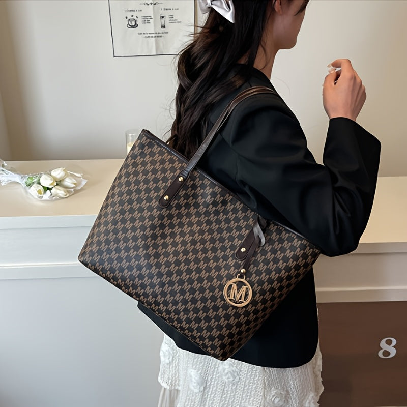 Sac à Main Femme Grande Capacité Luxe – Quincaillerie Dorée, Logo Lettre « M » et Motif Géométrique, Sac Élégant Blanc/Beige/Noir/Beige Clair, Structure Robuste, Fermeture Éclair Sécurisée, Quincaillerie Dorée