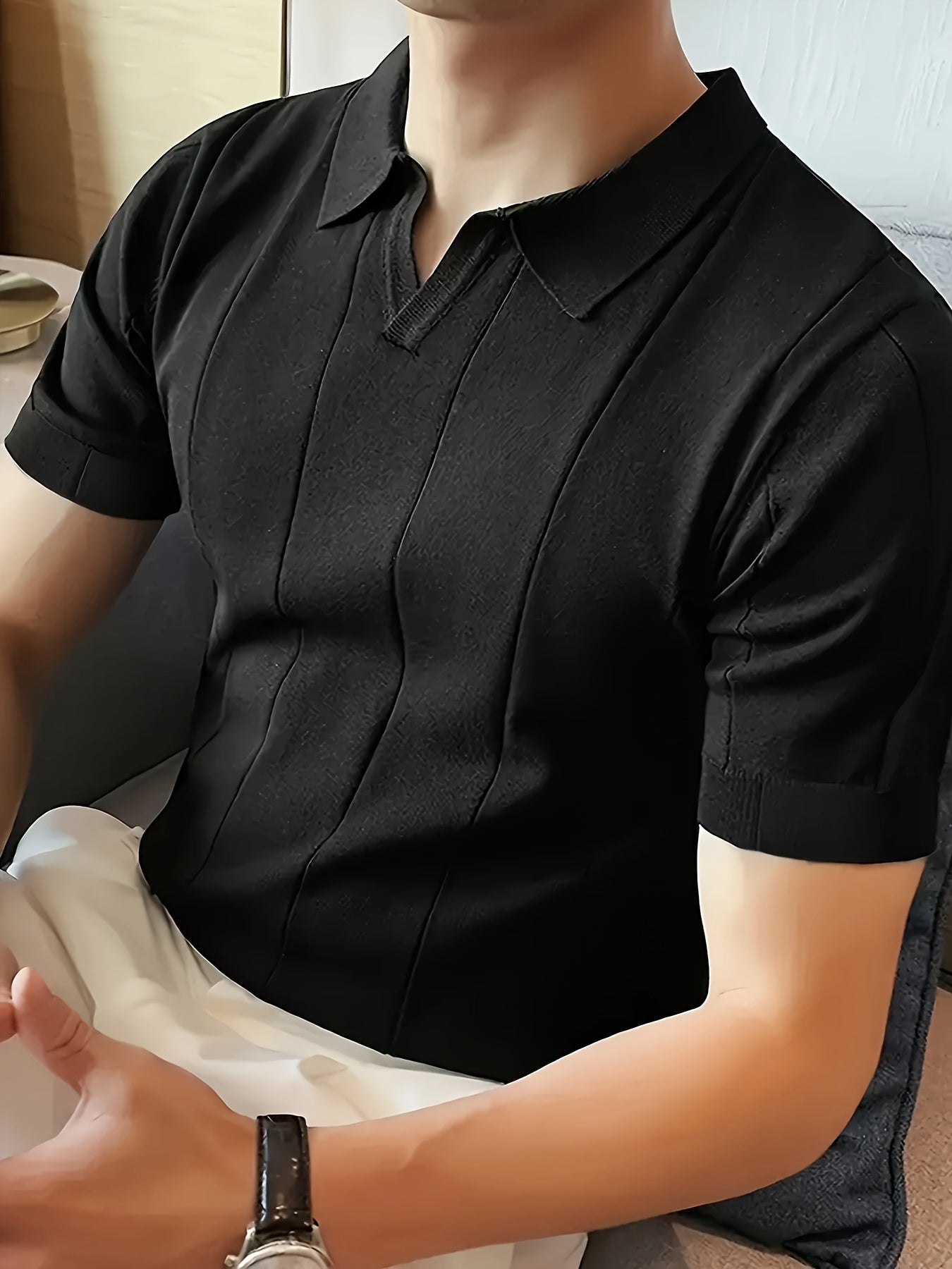 Men'S Solid Color Knitted Short-Sleeve Polo Shirt for Business Casual Wear