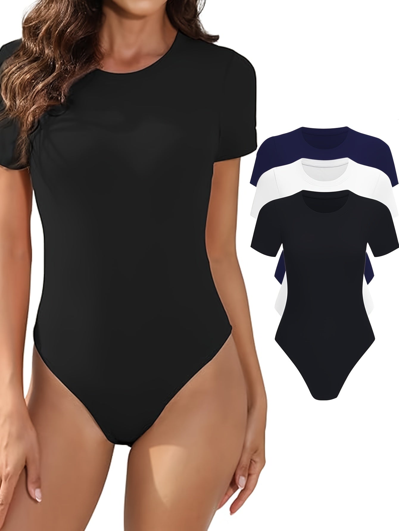 Lot de 3 bodys femme – manches courtes, col rond, coupe ajustée, basiques confortables