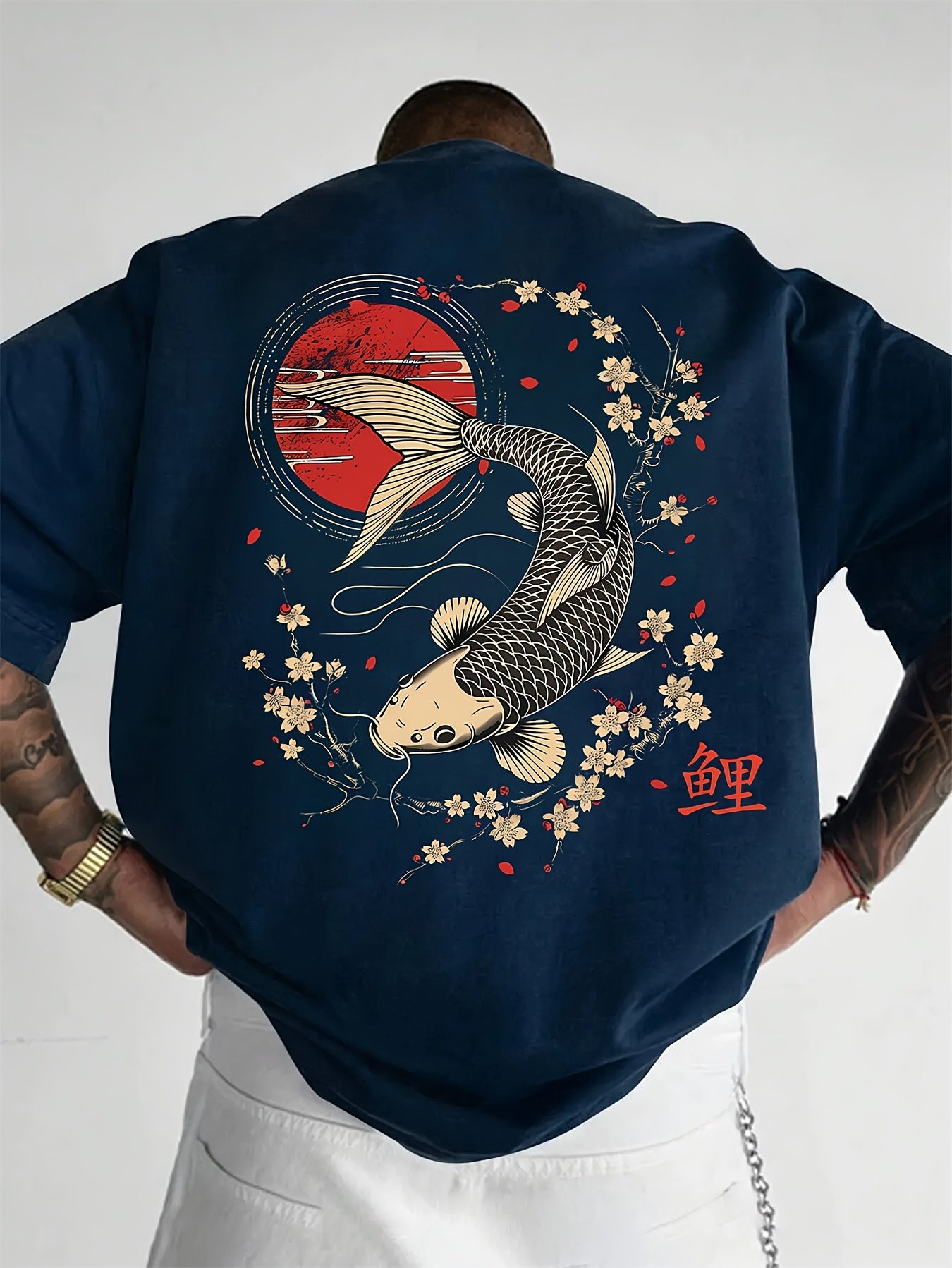 100% Print Men'S Pure Retro T-Shirt with Koi Fish & Cherry Blossom Design, Round Neck Short Sleeve Casual Tee, Regular Fit for Casual Attire, XZ005-S, Relaxed Fit, Leisure Clothing, Vintage Style, Graphic Tee, Soft Fabric, Br