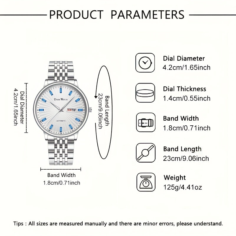 Men'S Stainless Steel Mechanical Watch with Sapphire Crystal Round Dial - Automatic Winding Movement, Date/Day/24H Indicator, Chronograph-Free Luxury Analog Watch for Casual & Formal Occasions, Durable Elegant Timepiece for C