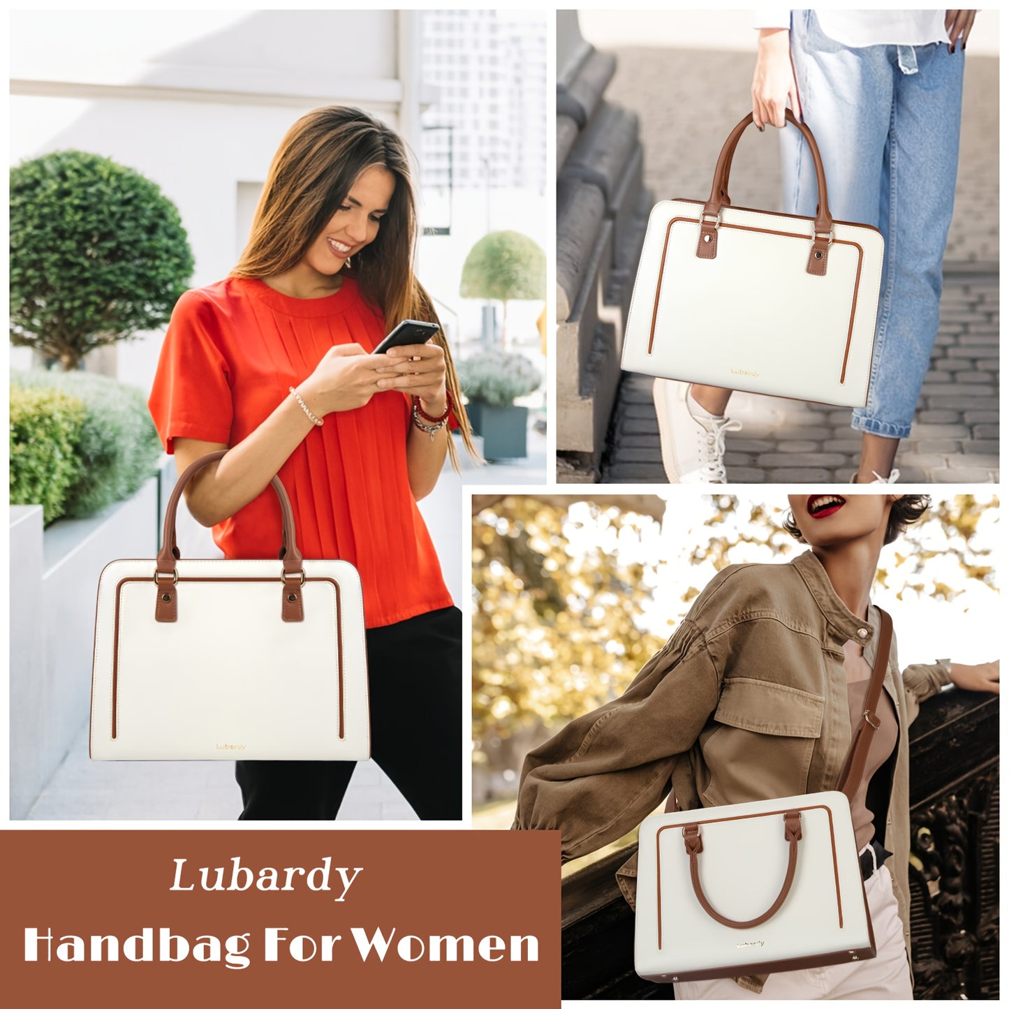 Sac fourre-tout élégant Lubardy pour femmes en simili cuir synthétique, bandoulière amovible et réglable, fermeture éclair et doublure polyester – Blanc/Noir/Marron, polyvalent pour travail, voyage, sorties et usage quotidien