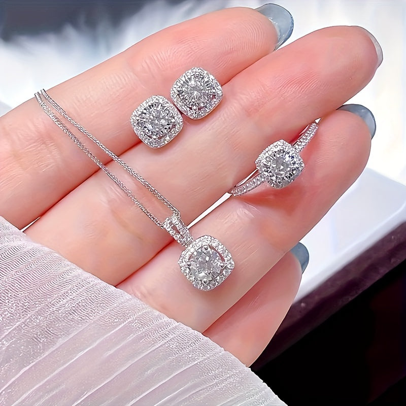 Lot de 3 Bijoux Femme Élégants – Argent 925 Plaqué, Moissanite, Style Minimaliste Luxueux, Comprend Bague Ouverte, Boucles d’Oreilles Clous et Collier, Idéal pour le Quotidien et Cadeau