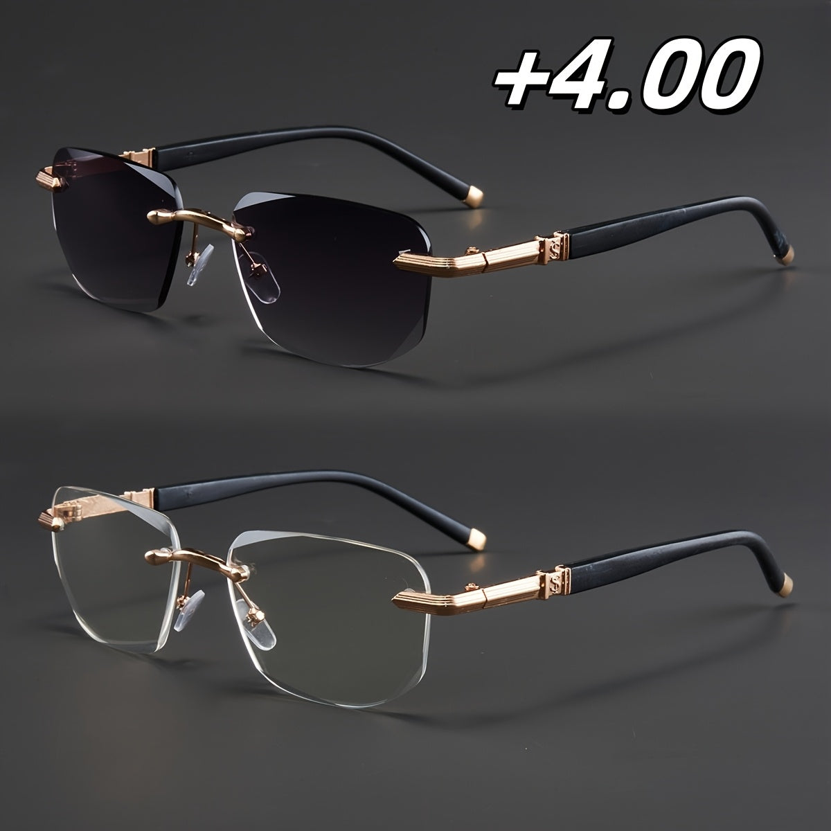 Two Pairs, Bundled Set, Stylish, Men'S, Exquisite, Luxurious, Rimless, Beveled Edge, Reading Glasses, Metal Frame, Options: 100, 150, 200, 250, 300, 350, And 400 Degrees, Without Battery, Christmas Gifts