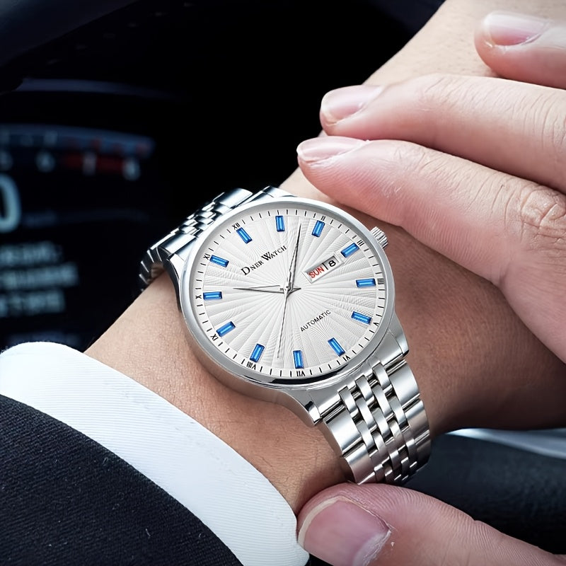 Men'S Stainless Steel Mechanical Watch with Sapphire Crystal Round Dial - Automatic Winding Movement, Date/Day/24H Indicator, Chronograph-Free Luxury Analog Watch for Casual & Formal Occasions, Durable Elegant Timepiece for C