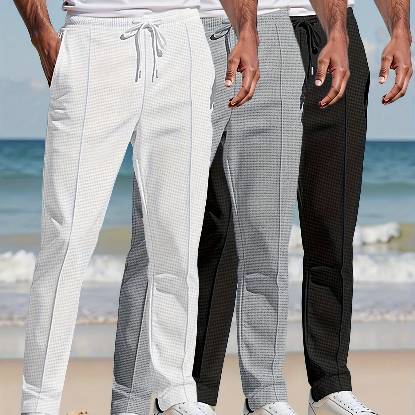 3pcs Pantalons Homme – Uni, Jambe Droite, Casual & Outdoor, Cordon, Tout Saison