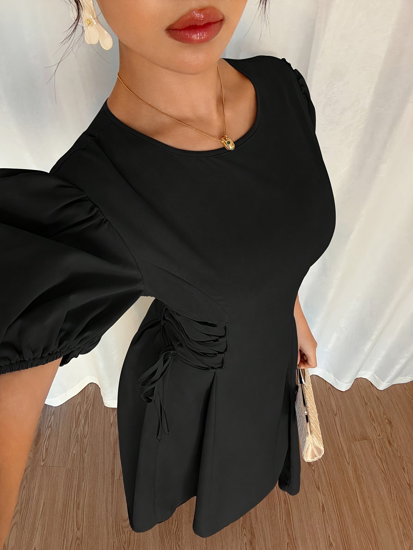 Solid Color Long Dress with Puff Sleeves, Ruffles, and Tie, Suitable for Vacation, Banquet, Party, Formal Wear, and Elegant Dress