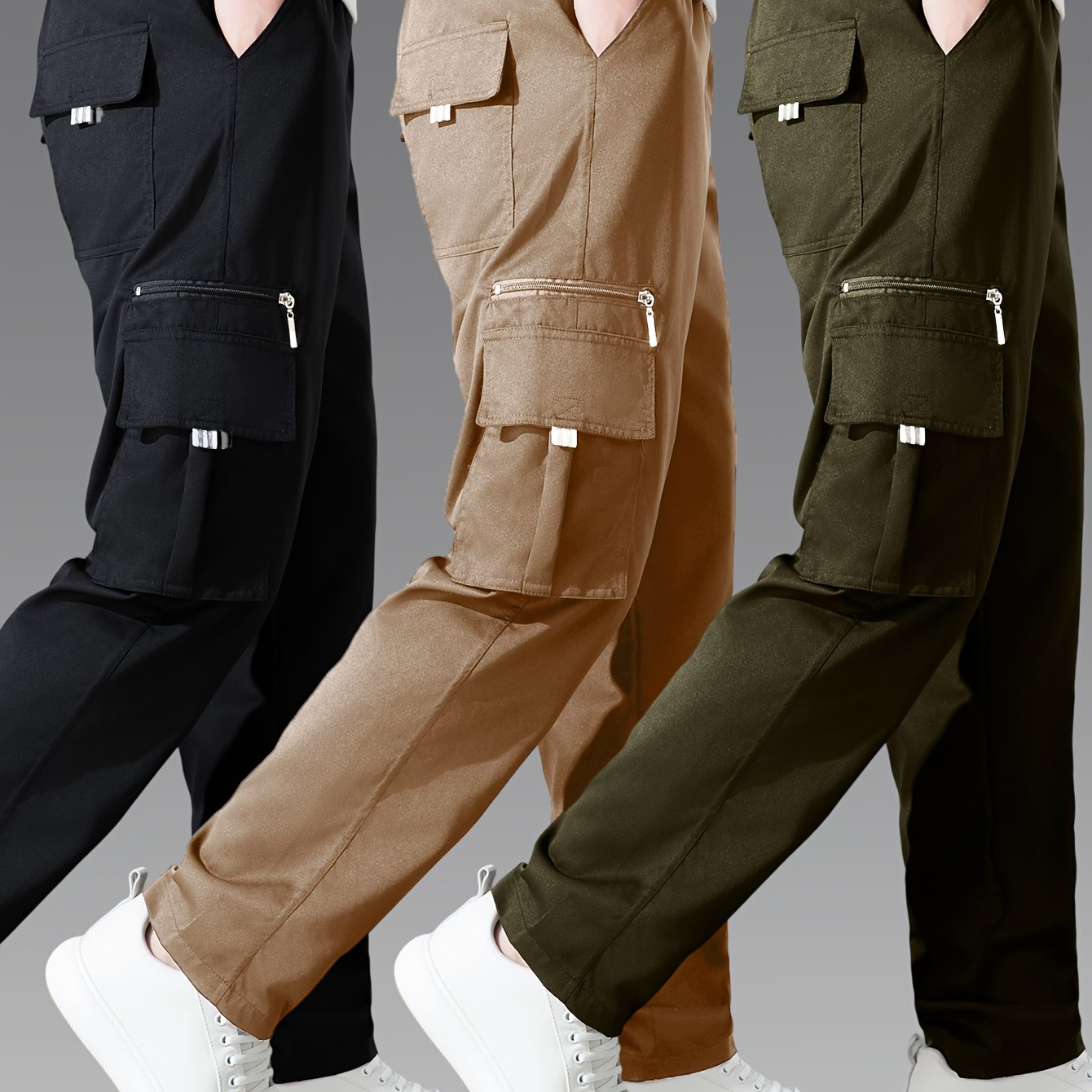 Pantalons cargo pour homme (3 pièces) – multi-poches, coupe décontractée, tissu non extensible durable, confort toutes saisons, idéal tenue décontractée et activités outdoor (noir/bleu marine/gris)