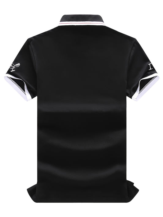 TS Men's Plus Size Slim-Fit Short Sleeve Shirt - 3D USA & New York Lettering Embellishment, Breathable Pure Cotton, Black with White Contrast Collar & Stripe, All-Season Casual & Semi-Formal Wear, Machine Washable Luxury Men'