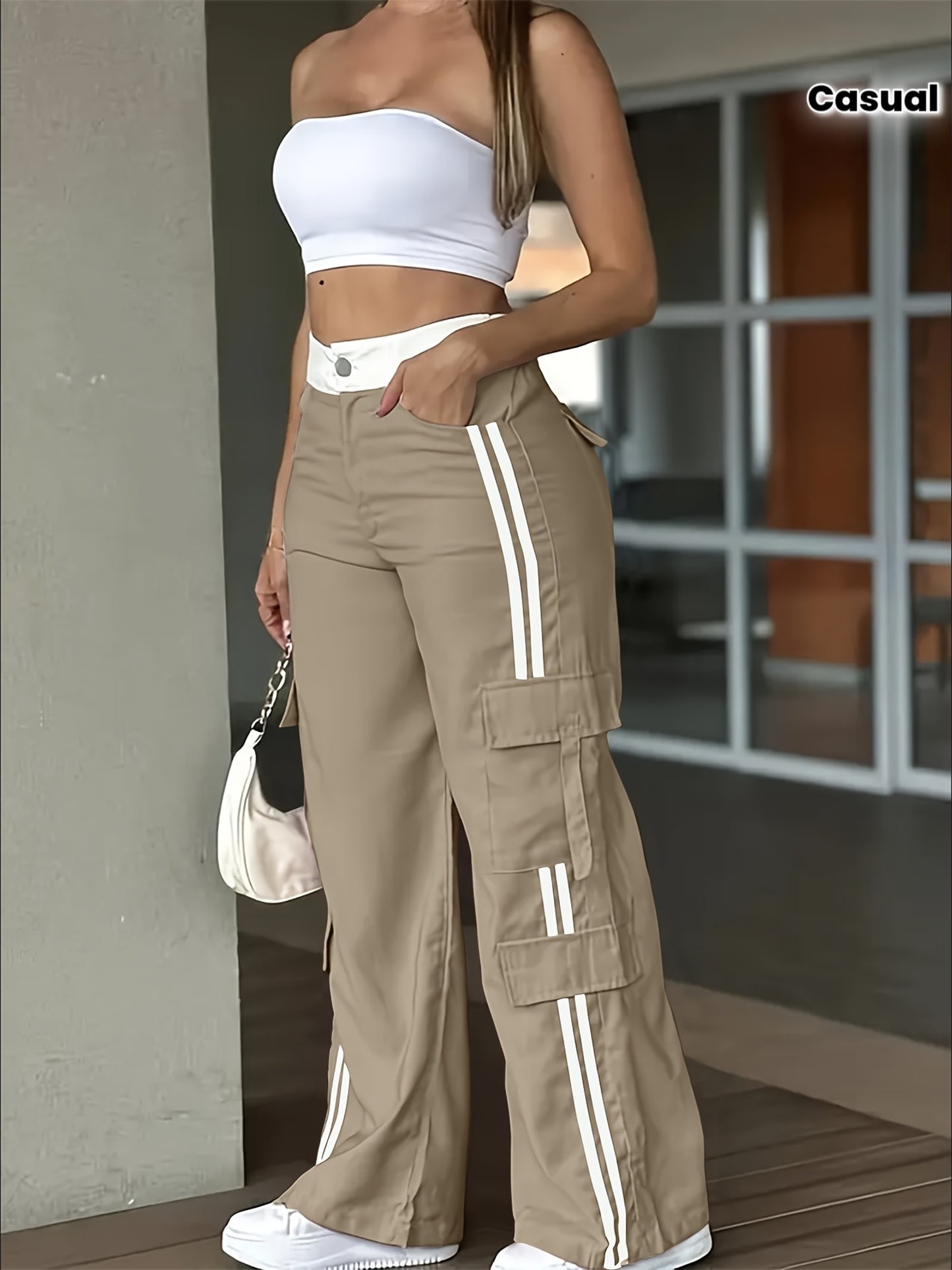 Pantalon Cargo Femme Robuste – Bandes Blanches et Grandes Poches, Tous Saisons, Sans Ceinture