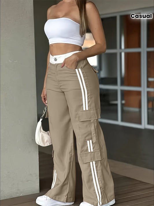 Pantalon Cargo Femme Robuste – Bandes Blanches et Grandes Poches, Tous Saisons, Sans Ceinture