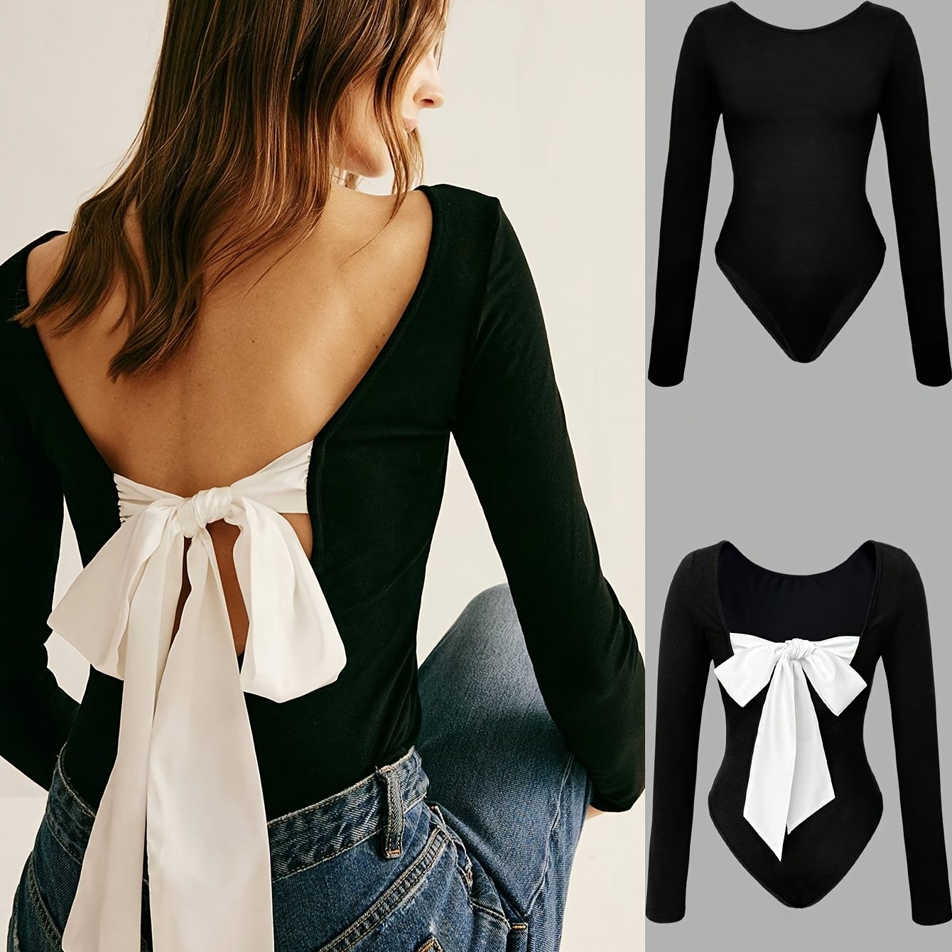 Body slim femme à manches longues, col rond, couleur unie, détail nœud au dos, style décontracté pour l’hiver, tissu extensible, lavable en machine, texture lisse