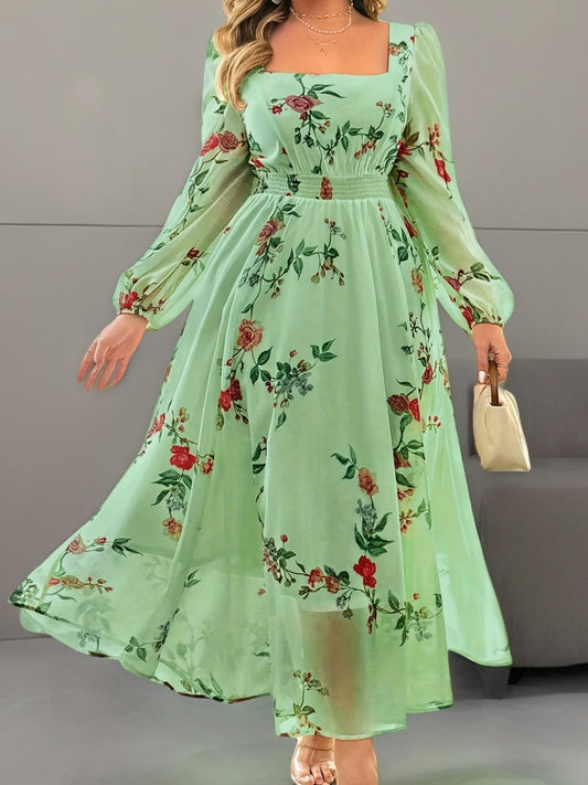 Robe Longue Grande Taille Élégante – Imprimé Floral, Col Carré, Manches Lanternes, Coupe Flare, Légère et Respirante, Idéale Vacances et Sorties Décontractées