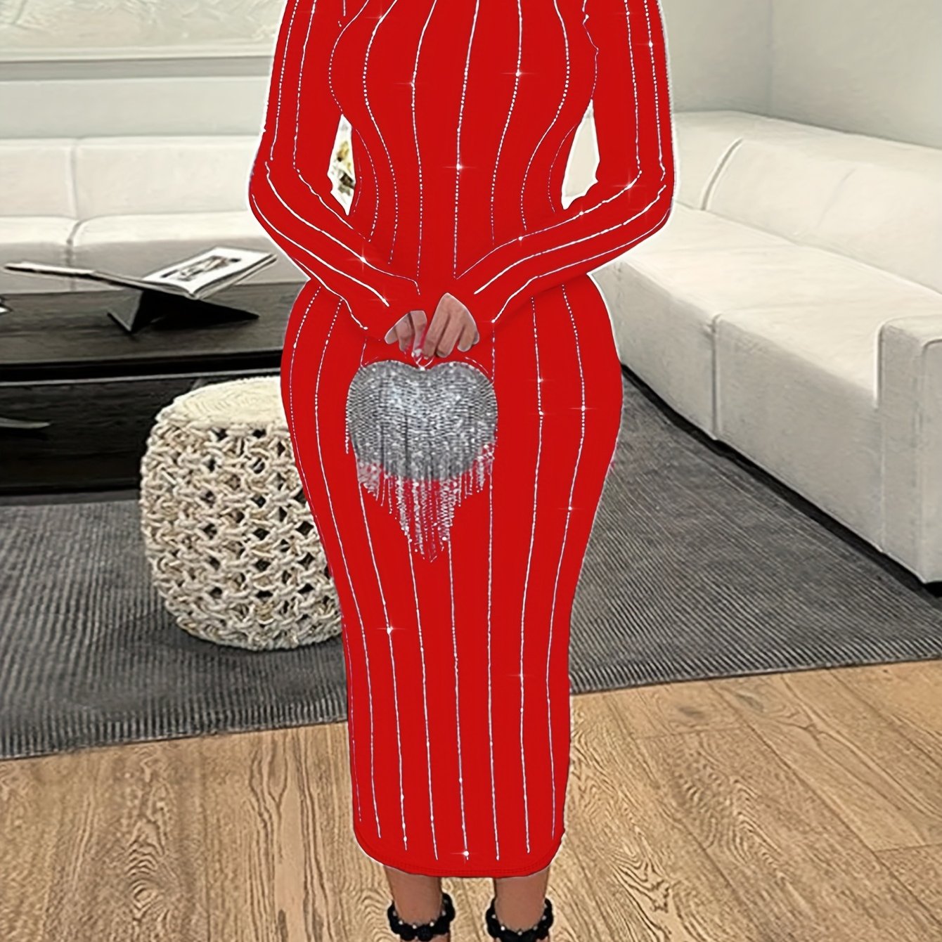 Women's Striped Bodycon Dress Suitable for - Sparkling Rhinestone Round Neck Strapless-able (Strapless Compatible) Dress, Spring/Fall Wedding Guest Dress, Hand Washable Moderate Stretch