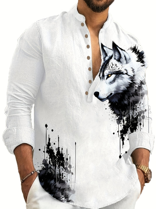 7 Button Long Sleeve Henley Shirt for Men - Casual Stand Collar, Animal Print (Wolf Design), Half Sleeve, Perfect for Spring/Fall, Adult Sizes, Henley Shir
