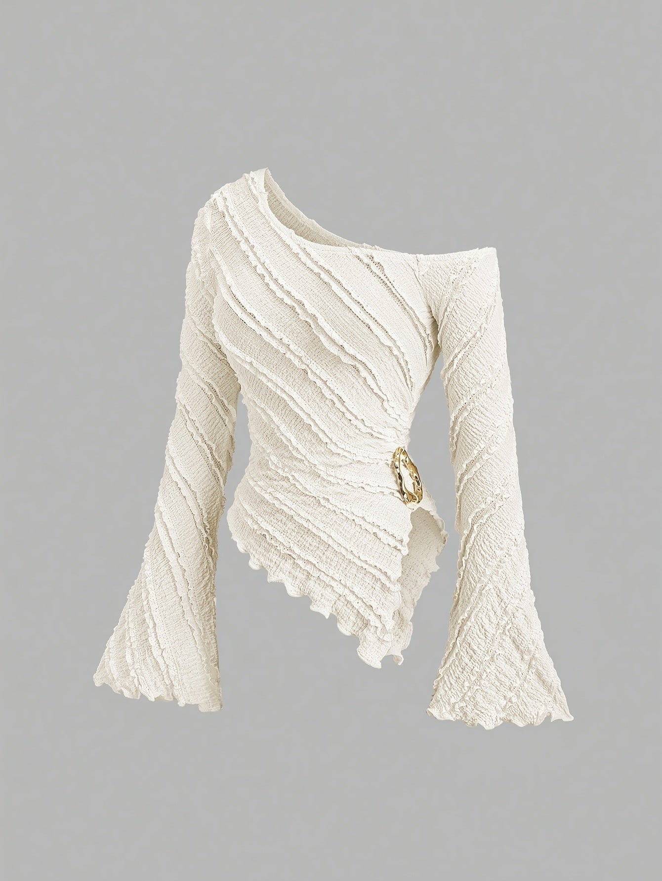 Blouse asymétrique manches cloche pour femmes – col avec boutons métal, semi-transparente, anti-froissement, adaptée toutes saisons, tenue professionnelle décontractée à formelle