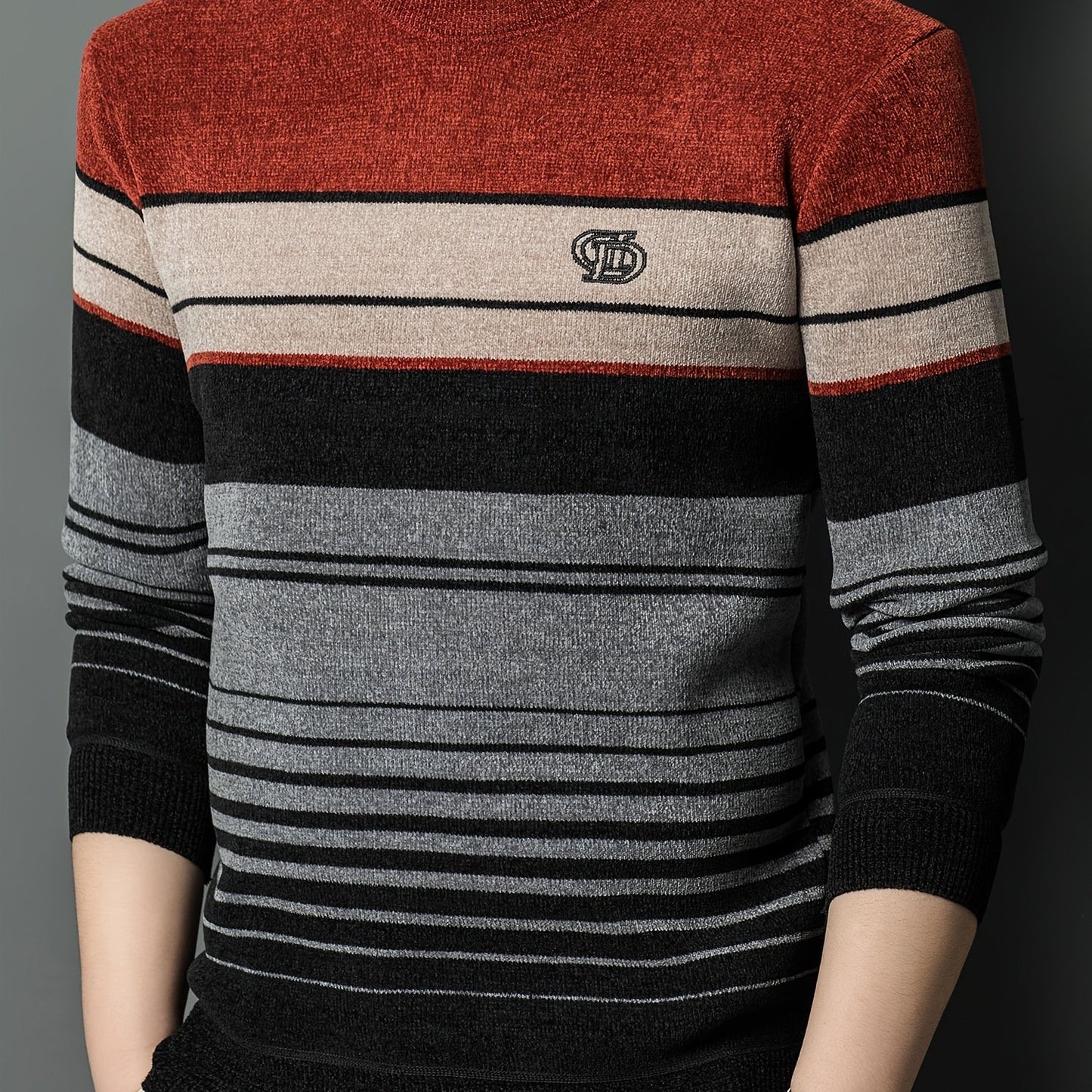 Men's Winter Thermal Fleece-Lined Striped Sweater - Thickened Warm Pullover with Embroidered Logo, Casual Round Neck Long Sleeve Knit Top, Machine Washable (Black/Brown/Beige), Cold Weather Apparel, Ribbed Texture, Comfortabl