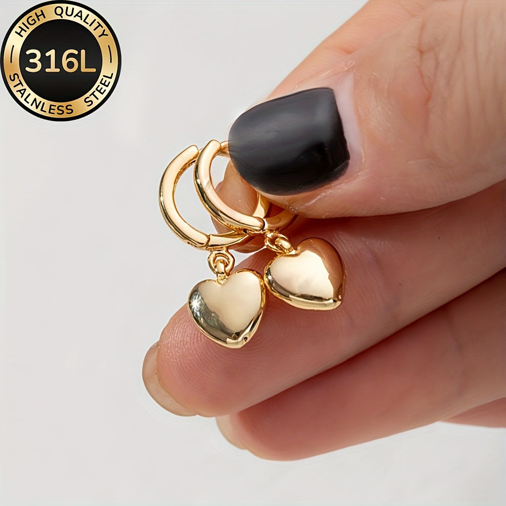 Boucles d’oreilles cœur en acier inoxydable de haute qualité, plaqué or, hypoallergéniques et résistantes à la décoloration, simples et élégantes, parfaites pour usage quotidien ou soirées, cadeau délicat pour femme