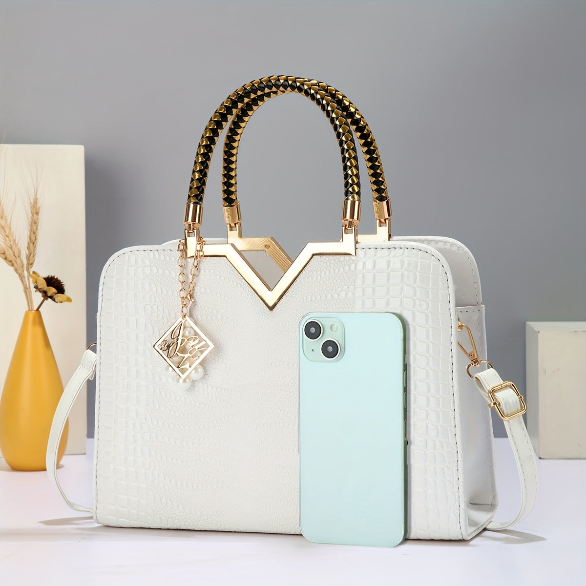 Sac à Main Princesse Nouveau à Motif Croco – Design Haut de Gamme, Portefeuille Élégant avec Décoration Métallique en V, Grande Capacité, Détails Charms Raffinés, Bandoulières Ajustables