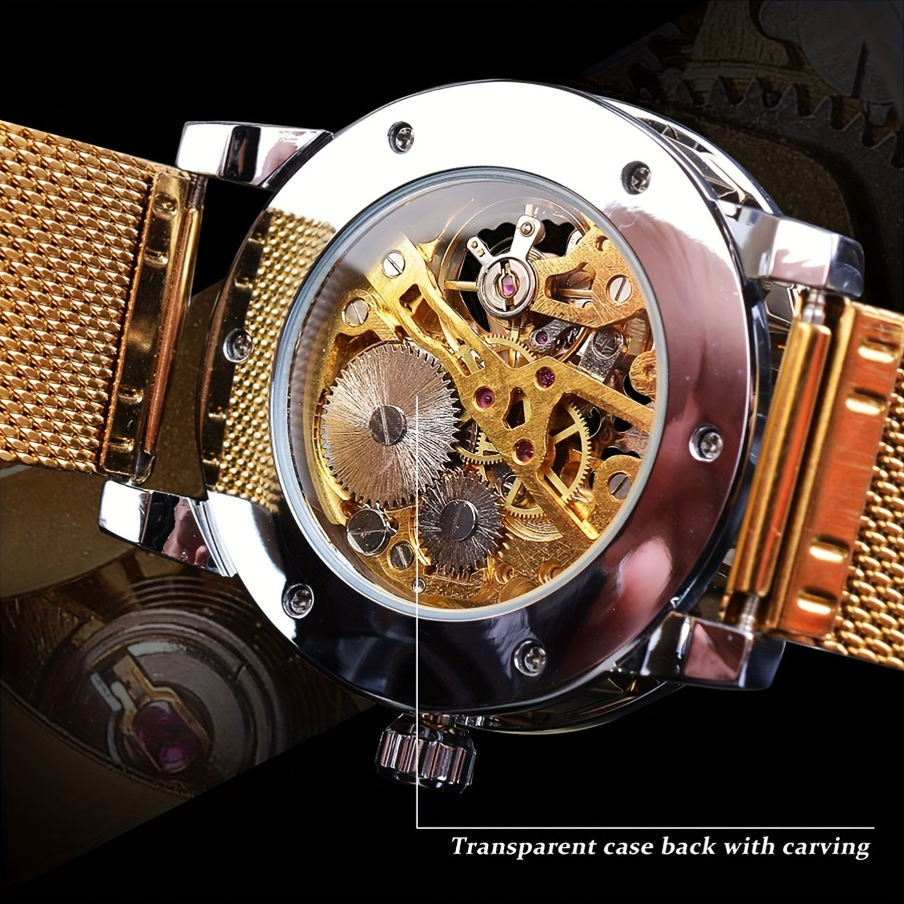 Elegant Men'S Mechanical Watch with Rhinestone Accents & Hollow Mesh Band - Stainless Steel, Zinc Alloy Case, Business Style, Self-Winding Movement, Pointer Display, No Battery Needed, Business Watch | Elegant Watch | Durable