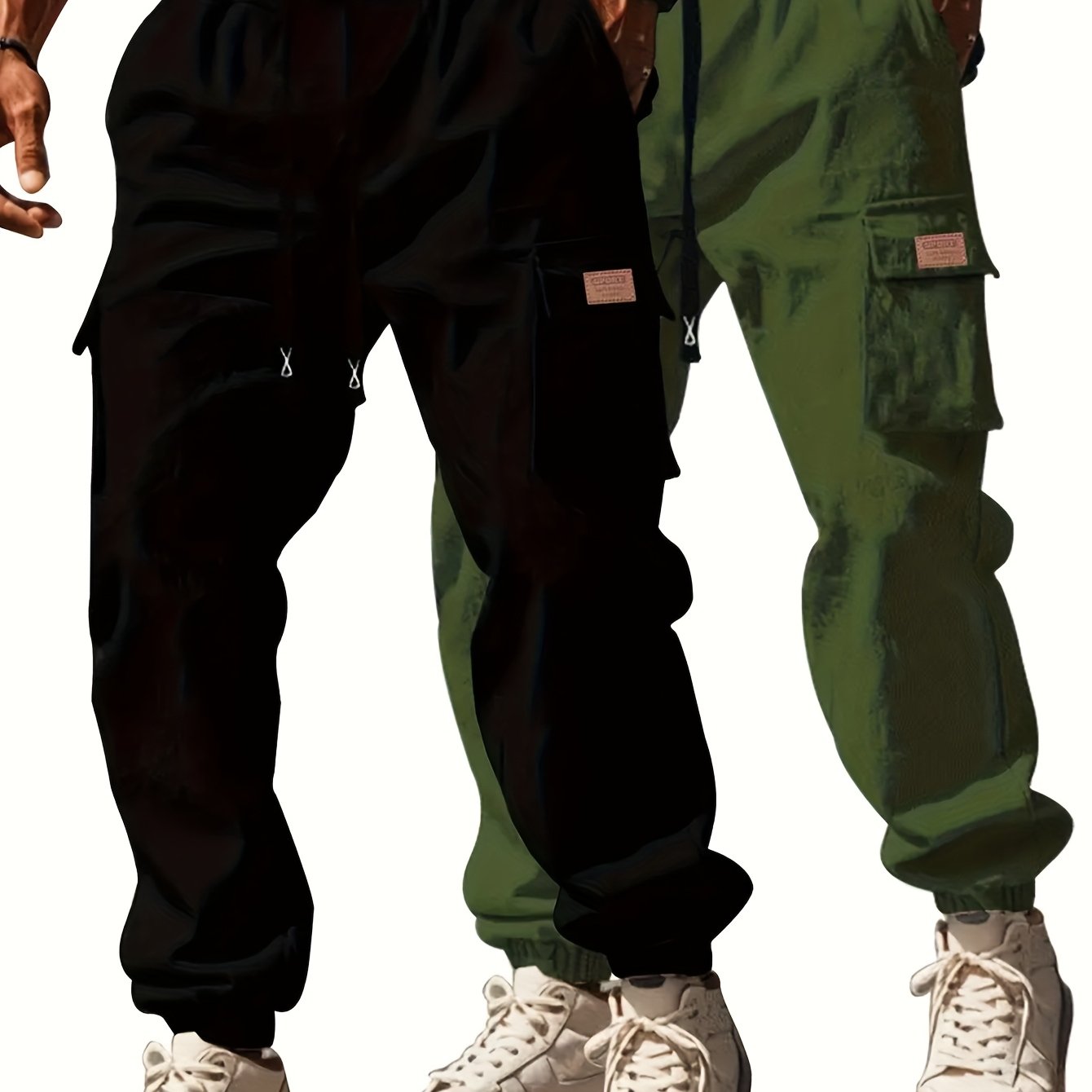Pantalons de travail robustes pour homme (2 pièces) – cargos complets à multiples poches utilitaires, taille à cordon, coton non extensible, coupe ample (noir et vert olive)