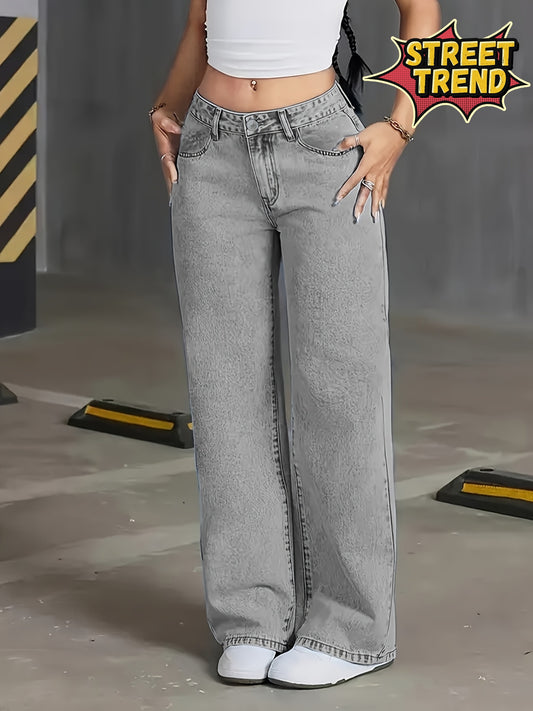 Jeans Femme Taille Haute Gris Effet Usé Jambe Large Rétro 90s Non Extensible Décontracté Streetwear Longue Toute Saison Durable