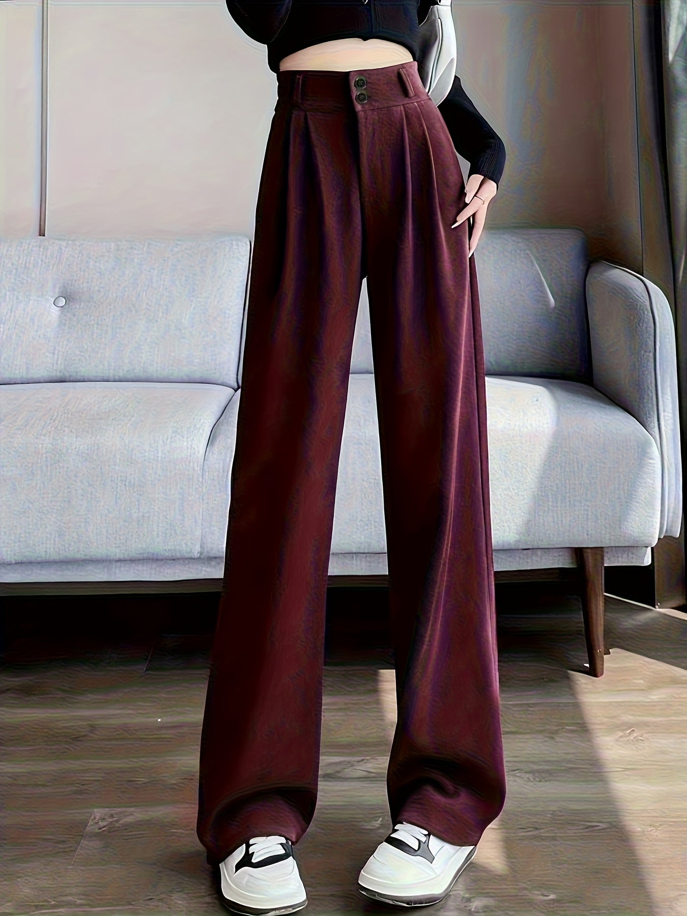 Pantalon Femme Jambe Large – Élégant, Taille Haute, Tissu Non Extensible, Bureau et Décontracté, Automne/Hiver