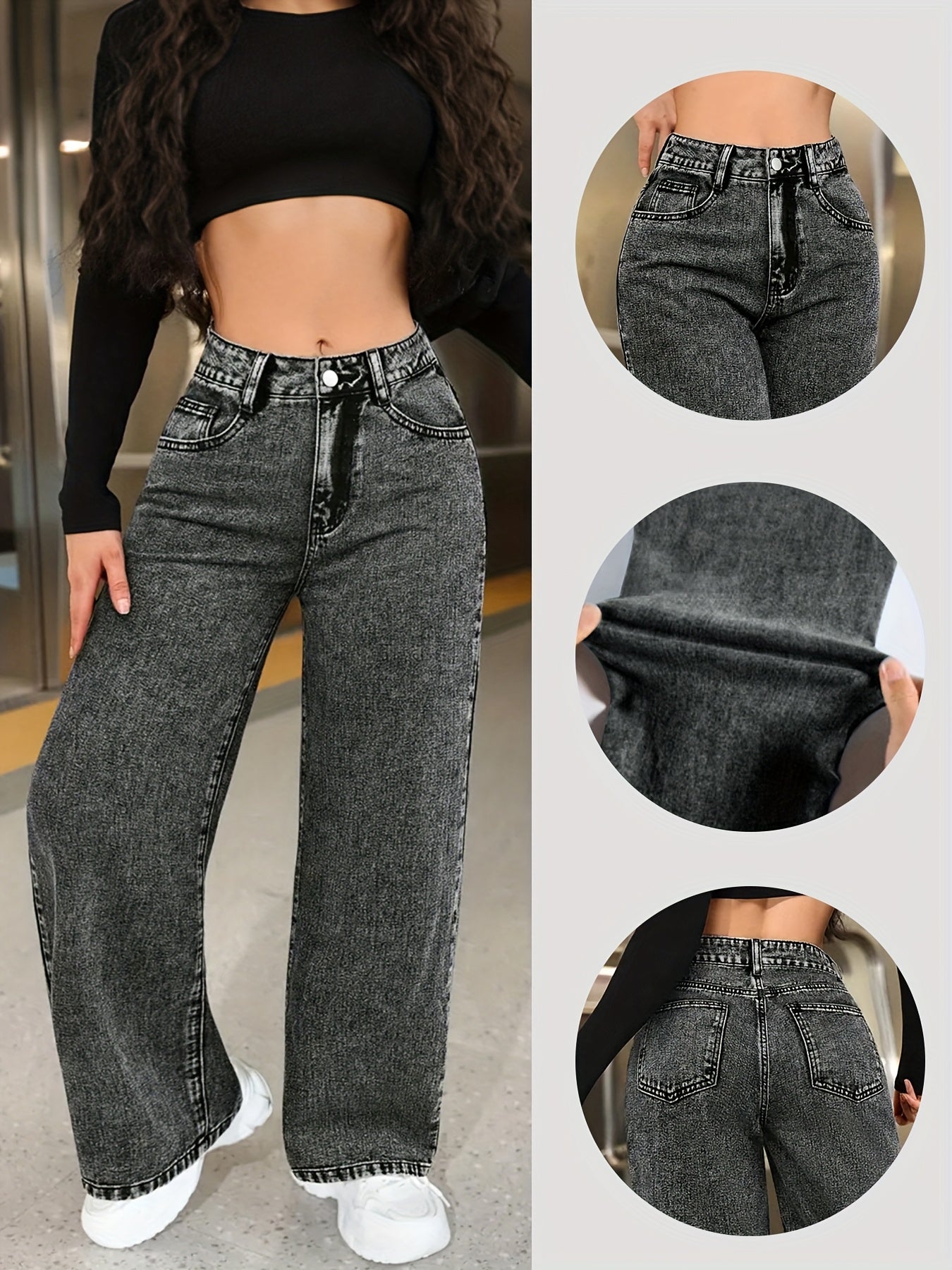 Jeans Femme Taille Haute Jambe Droite Extensible Confort Classique Effet Snowflake Élégant Toute Saison Poches Durable