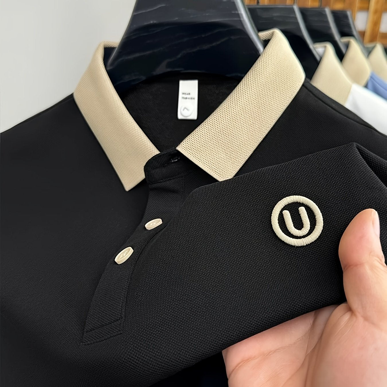 Men's Stylish Embroidered Shirt - Casual Short Sleeve, Button-Up Collar, White with Gray Collar & Cuff Accents, Soft Polyester Fabric, Perfect for Golf or Casual Attire, Golf Shirt | Embroidered Collar Detail | Smooth Texture