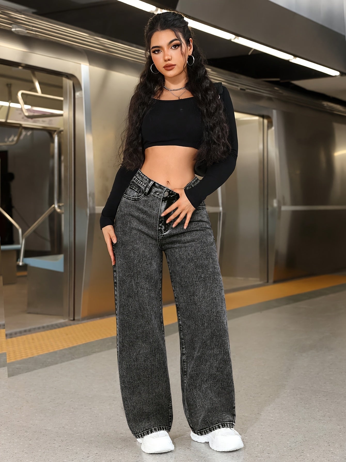 Jeans Femme Noir Jambe Large Droite Boutons Non Extensible Confortable Toute Saison Décontracté