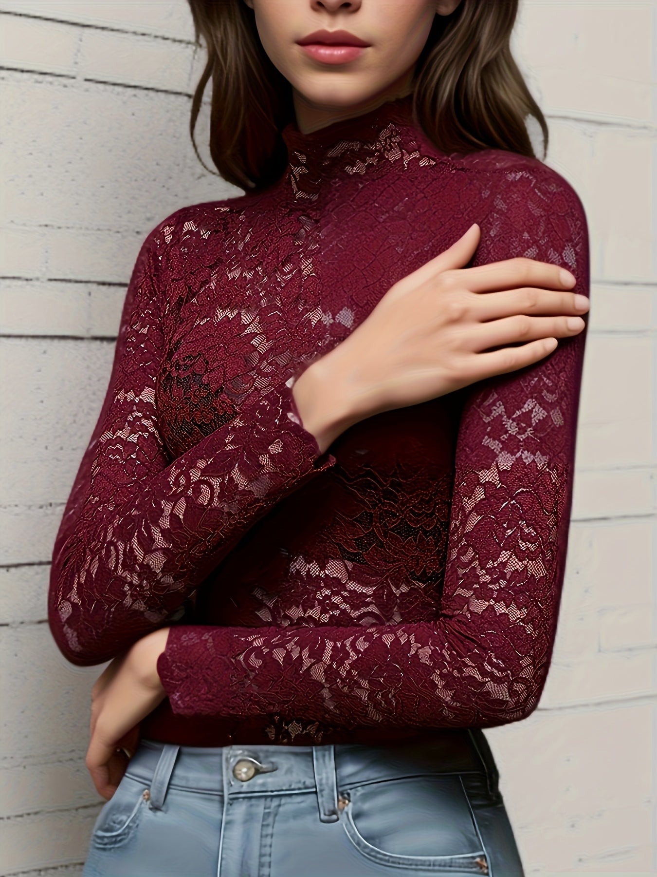 Blouse grande taille élégante pour femmes bordeaux effet dentelle manches longues col rond col montant semi-transparente superposée pour robes et blouses lavable en machine printemps automne hiver