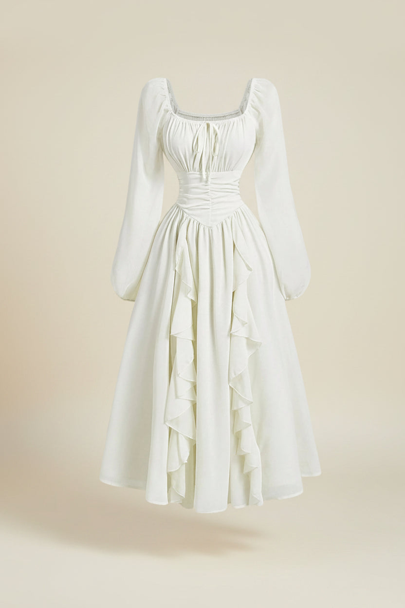 Robe élégante, moderne et raffinée, avec manches lanternes à volants et taille cintrée
