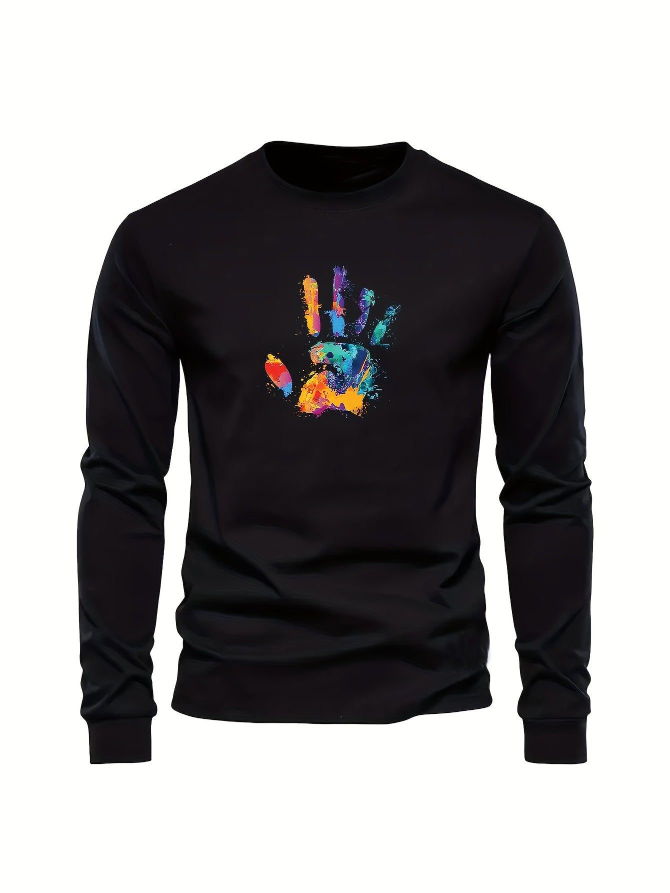 Colorful Hand Print Pattern Men's Trendy Long Sleeve Crew Neck T-shirt, Spring Fall