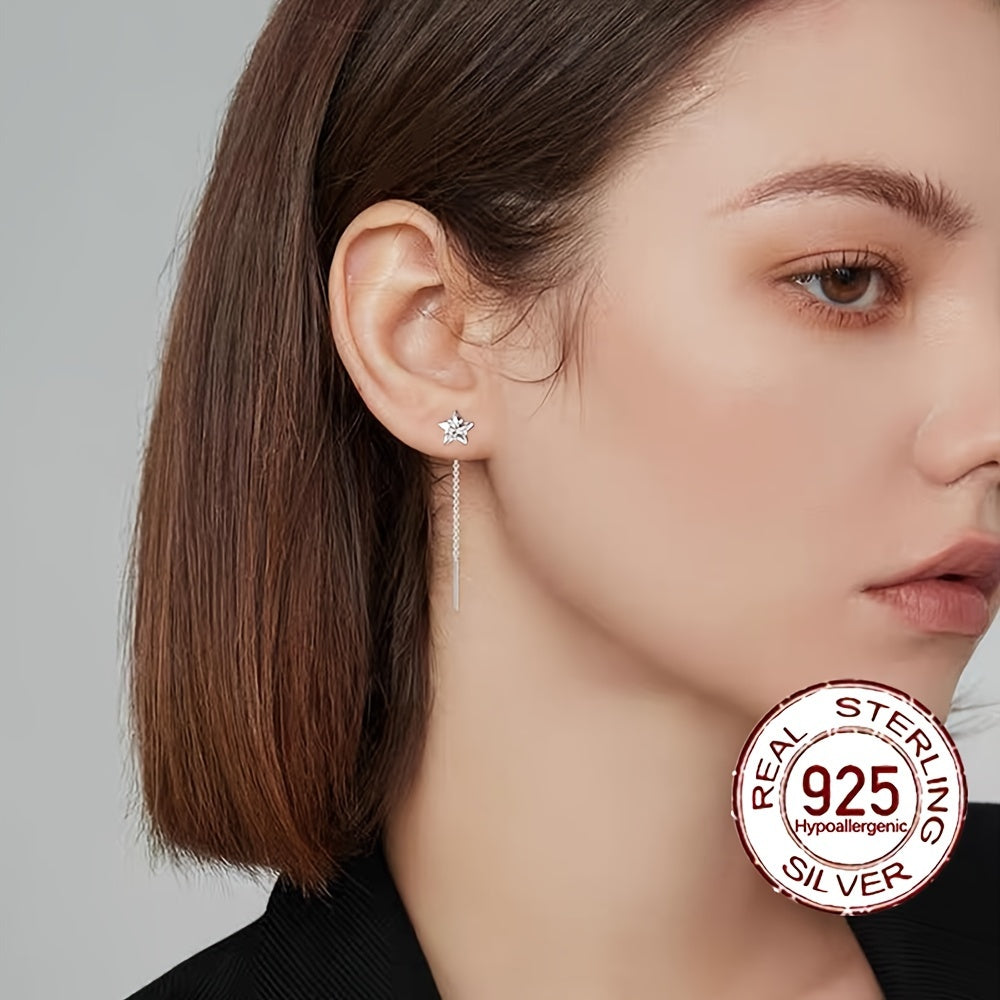 0,6 g S925 argent pur hypoallergénique brillant zircon synthétique combiné avec zircon cubique pendentif longue chaîne fil élégant minimaliste boucle d'oreille piercing