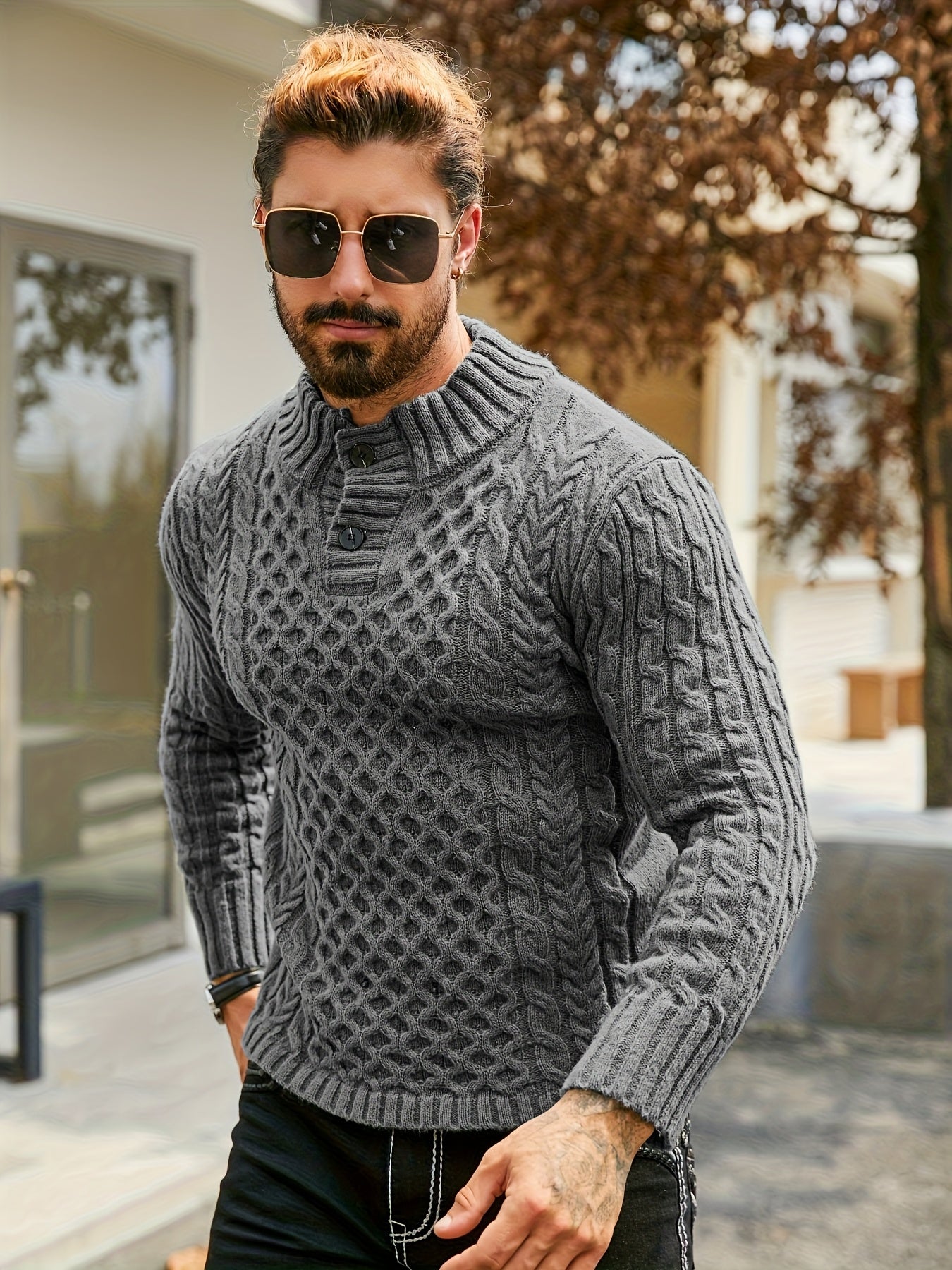 Men's Thermal Stand Collar Cable Knit Sweater - Striped H-Shape Regular Fit Pullover, Machine Washable Winter Sweater with Ribbed Detailing for Autumn & Winter, Knit Sweater, Medium Elasticity Fabric