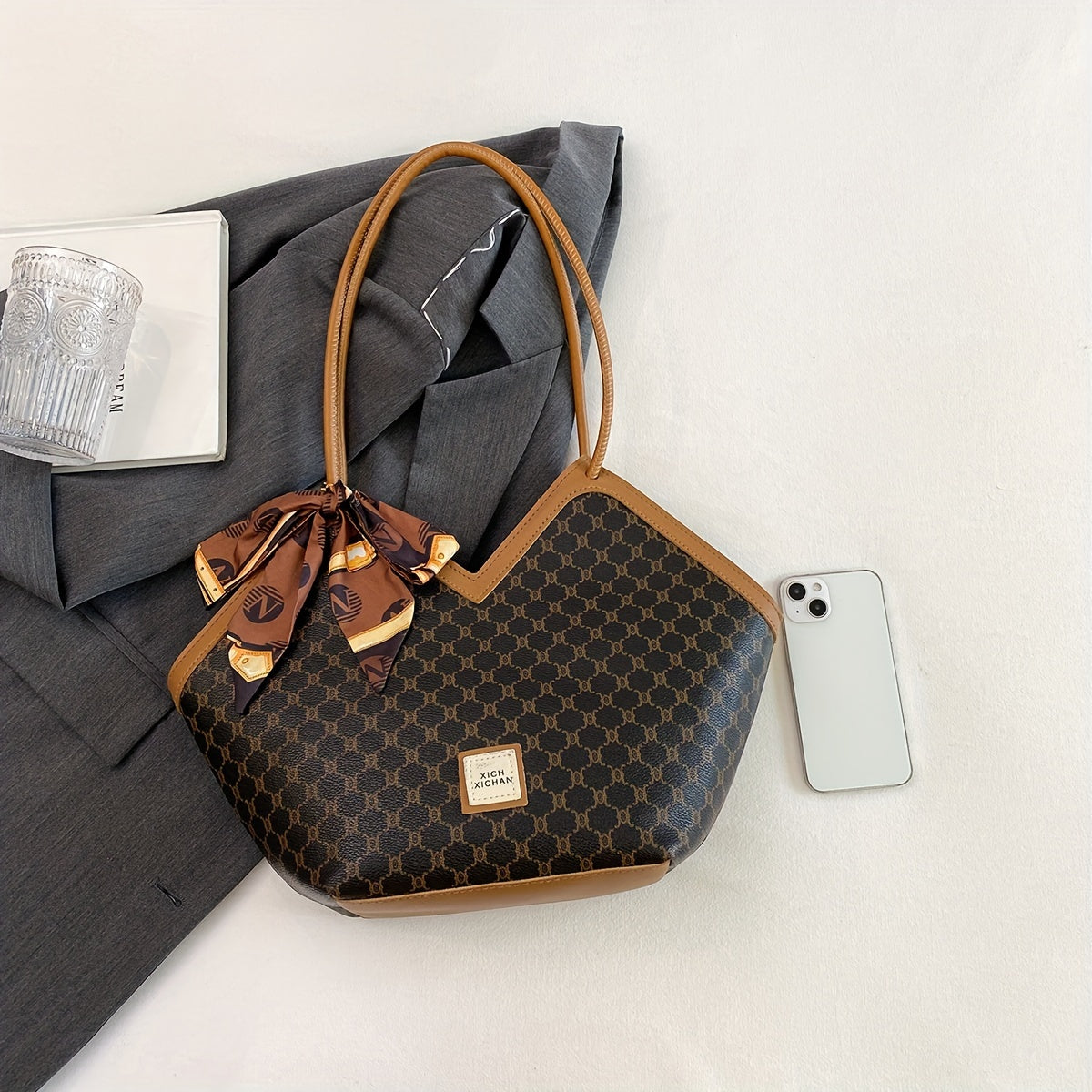 Sac Cabas Femme – Extra Large, Ruban Noeud, Noir & Marron, Zippé, Quotidien