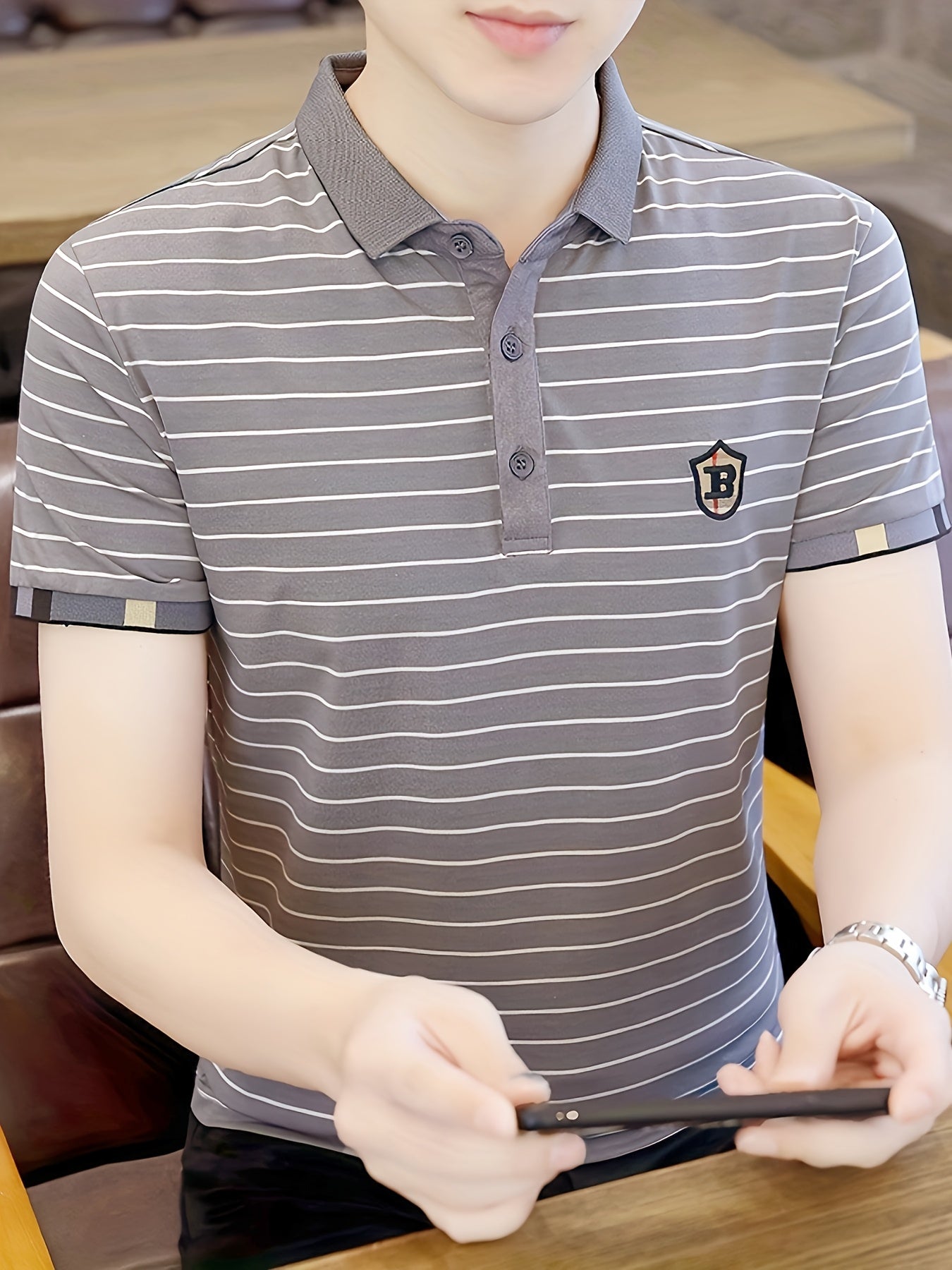 Men's Slim-Fit Black & White Striped Shirt with Golden Accent Collar & Chest Embellishment - Short Sleeve, Machine Washable, Tailored Casual & Semi-Formal Wear, Durable & Comfortable for Everyday Special Occasions, Versatile