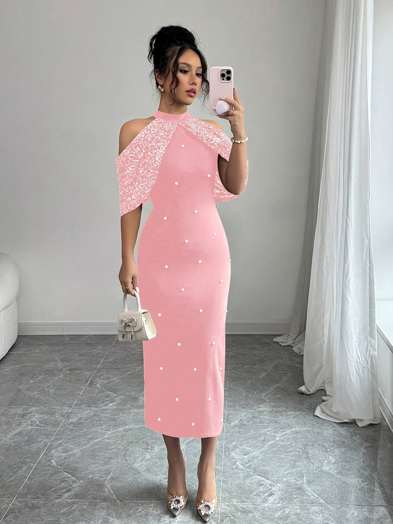 Pearl Bodycon Dress | Off-Shoulder Sequins + Back Cutout, an Elegant Evening Gown.