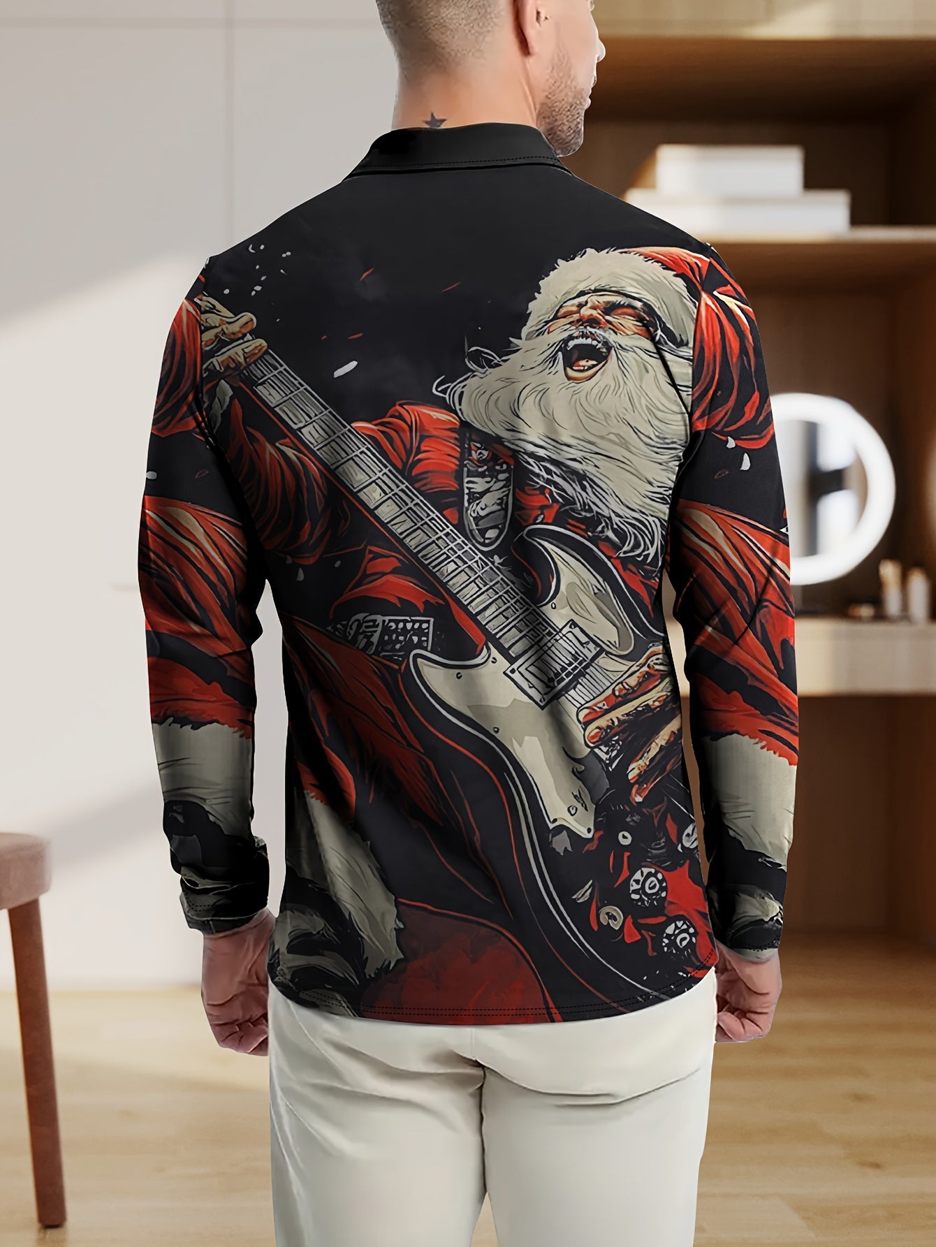 Men's Christmas Santa Rockstar Guitar Print Long Sleeve Knit Shirt - Black & Red Festive Holiday Party Wear, Machine Washable Polyester with Metal Chain Accents, Regular Fit for Autumn Winter Casual Gatherings, Christmas Outf